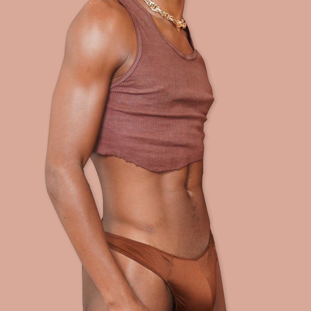 Chocolate 3 Piece Set Vintage Wash Raw Cut Top  With Cheeky Nude G-String Thong